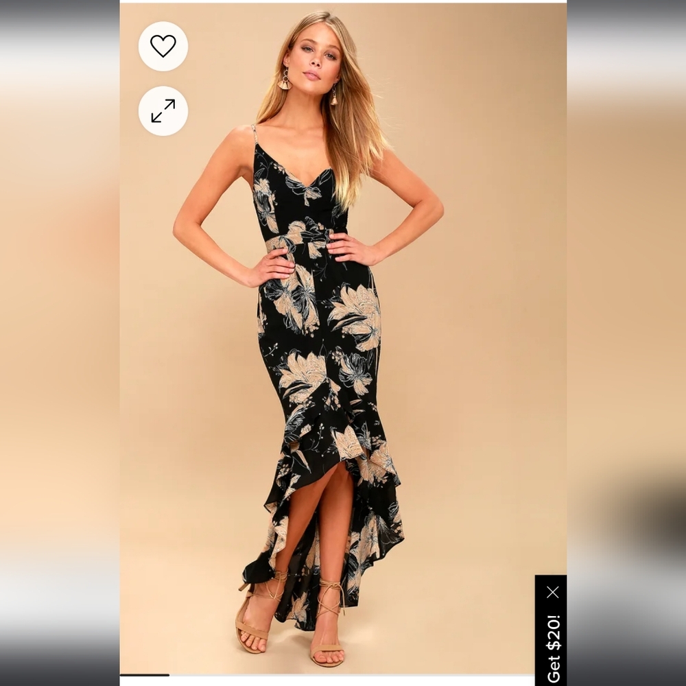 Lulu's Black Floral Print High-Low Dress L